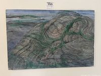 Full view of the acrylic on canvas landscape painting showing abstract rock formations and muted colors.