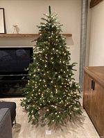 Front view of assembled tree in room with lights on, showing overall shape, size and condition