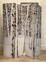Front side of folding screen showing birch tree winter scene with snow