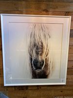 Front view of framed horse face print hanging on wood-paneled wall.