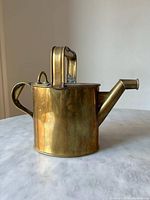 Side view of antique brass watering can showing cylindrical body, rectangular top handle and extended spout
