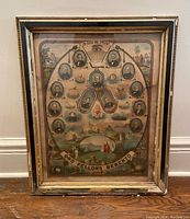 Full front view of the framed antique Oddfellows memento poster leaning against wall on wood floor showing whole frame and image.