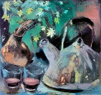 Close up of painting showing abstract still life with kettle, glasses, and vase in bold acrylic colors and texture, signed 'Nemo' lower right corner.