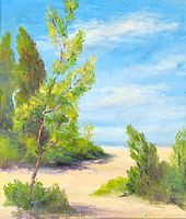 Close-up of painted canvas showing sandy beach, foliage and sky colors