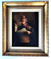 Full view of the framed oil on canvas painting showing an older gentleman reading a newspaper in dark tones with a gold decorative frame.