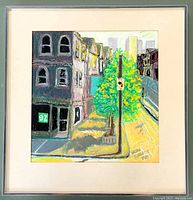 Framed oil pastel painting showing full artwork and mat under glass