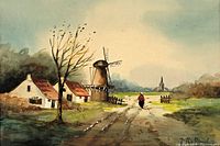 Close-up of the watercolour painting showing Dutch countryside with windmill, cottages, a lone figure and a tree. Signed lower right but signature indistinct.