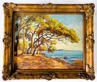 Front view of the oil on board painting in ornate wood frame showing lakeside scene
