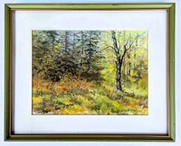 Framed pastel painting shows entire artwork with green vintage wood frame and white matting.