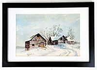 Framed and matted print mounted on board depicting winter farm buildings under snow with signature front lower left.