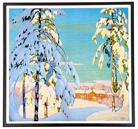 Close-up of print showing snow-covered trees and houses