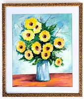 Frontal image showing the full framed floral watercolour painting in gold vintage resin molded frame, matted and glass protected.