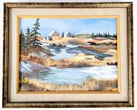 Front view of framed oil painting depicting winter thaw landscape in Nova Scotia with vintage wood frame.
