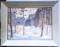 Frontal view of the framed oil on board painting showing the winter forest scene and signature lower left.