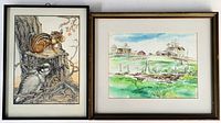 Photo showing both framed watercolour paintings together. Left painting is the chipmunk and bird by Speirs, right is the countryside scene by TJ Buck.