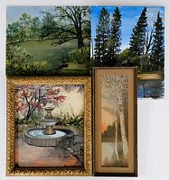 All four paintings in the lot visible: two framed (one ornate gold frame with fountain painting, one narrow frame with birch tree watercolor), and two unframed landscape oils (lake and pine trees) signed by Sharon Kretchmar.