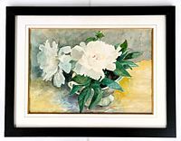 Frontal image of framed floral watercolour painting showing side one with white flowers in a footed bowl, signed lower left.