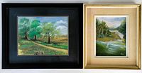 Two framed oil paintings, the left one framed in black with double mat and glass depicting green trees and path, the right one a smaller river landscape in vintage wood frame with cream matting.
