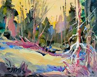 Close-up of painted board showing brushwork and artist signature lower left