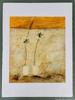 Full view of unframed painting showing textured cream field with gold band and two floral stems in white vases