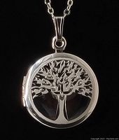 Front view of the round sterling silver locket with tree and birds design on a chain, shown against black background.