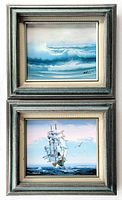 Two framed paintings shown together, one with a large sailing ship, one with seascape waves.