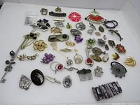 Overview of assorted jewelry pieces arranged on white background including brooches, pendants, pins, and hair accessories.