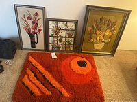 Full view of orange shag rug laid on carpet with three framed floral wall art pieces positioned behind