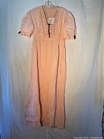 Full view of the vintage pale pink dress or nightie hanging, showing length and overall design.