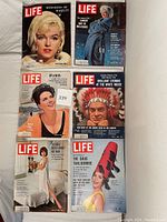 Front covers of six vintage LIFE magazines from 1962 with various celebrity and cultural figures.