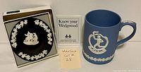 Black Wedgwood Jasperware bowl with white classical relief, in original box, with Wedgwood pamphlet and lot number card