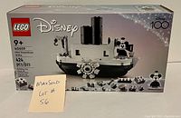 Front view of the LEGO Disney Mini Steamboat Willie set box showing artwork, brand logos, piece count, and age recommendation, sealed new.
