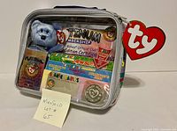 Image of the sealed Ty Beanie Babies Platinum Membership kit inside a clear front panel carrying case showing included contents such as a blue bear plush, membership card, newsletters, and collector cards.