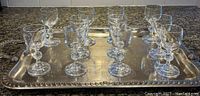 Eleven small crystal glasses arranged on a silver tray showing uniform size and design with a decorative stem.