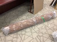 Rolled up rug wrapped in clear plastic with green securing tie visible