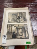 Top view of two unframed prints showing period figures in corridors and archways sealed in a plastic sleeve