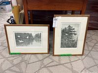 Two framed black and white bird prints displayed side by side on floor showing full frames and matting