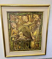 Frontal view of framed oil painting portraying three abstract musicians
