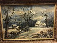 Framed 36 x 24 inch oil painting on canvas showing a winter scene with a house, barn, barren trees, and snow, signed by artist C.T. Oldfield.