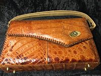 Vintage alligator purse laid flat on black velvet background showing front, strap, clasp, and bottom studs.