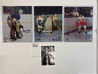 Overview of three signed hockey photos and accompanying COA certificate laid out on white background