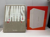 Front view of KAWS book with textured slipcover and Sneakers book standing upright side by side.