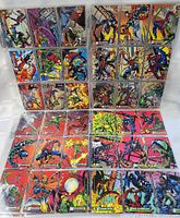 Multiple sheets showing 1994 Amazing Spiderman card set of 150, front side with colorful comic artwork featuring Spiderman and characters