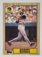 Front side of the Barry Bonds rookie card showing player image, name, and team logo