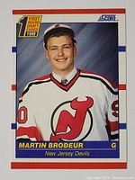 Front side of the hockey card showcasing Martin Brodeur in New Jersey Devils uniform with draft information.