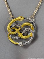 Close-up photo showing the detailed double ouroboros snake pendant with intertwined silver and gold snakes symbolizing infinity, on gold-tone chain.