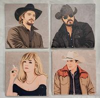 4 square coasters displayed together, each depicting a different Yellowstone character in stylized form