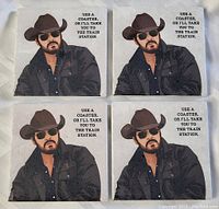 Four identical square coasters featuring a man in cowboy hat and sunglasses with text 'USE A COASTER, OR I'LL TAKE YOU TO THE TRAIN STATION.'