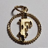 Close-up photo of 10K yellow gold letter F pendant showing textured letter and twisted circular frame with bail loop