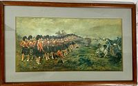 Full view of the framed lithograph print showing the entire artwork depicting soldiers in red uniforms and cavalry in a historical battle scene.